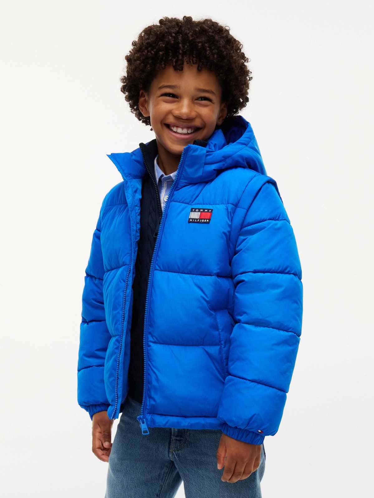 Kids' Classic Badge Logo Hooded Puffer — Vibrant Blue