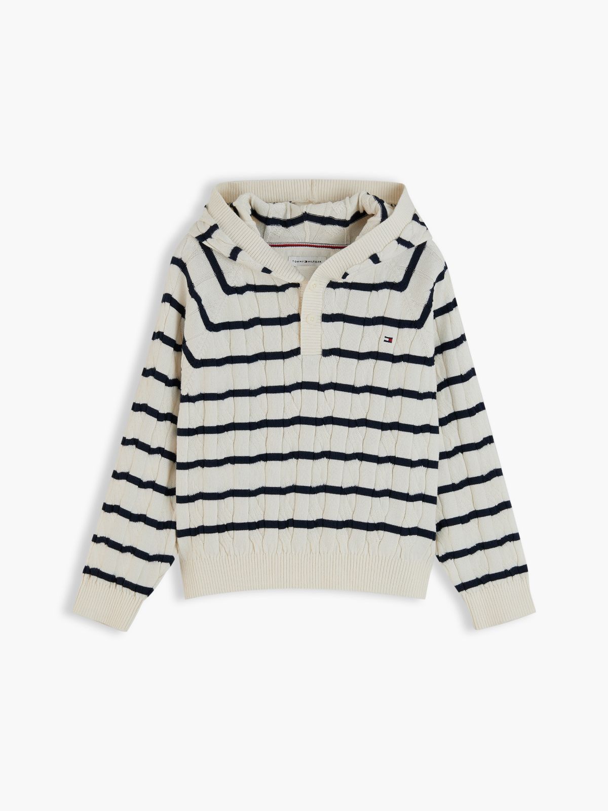 Kids' Hooded Cable Knit Sweater — Ivory Petal Stripe