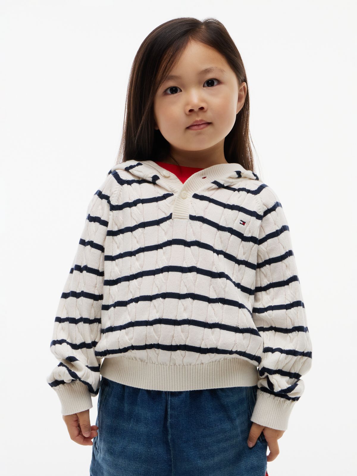 Kids' Hooded Cable Knit Sweater — Ivory Petal Stripe