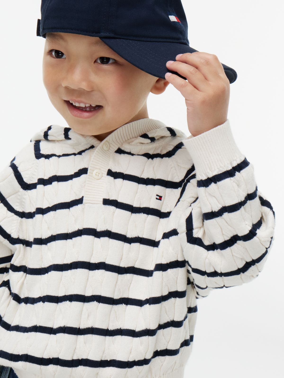 Kids' Hooded Cable Knit Sweater — Ivory Petal Stripe