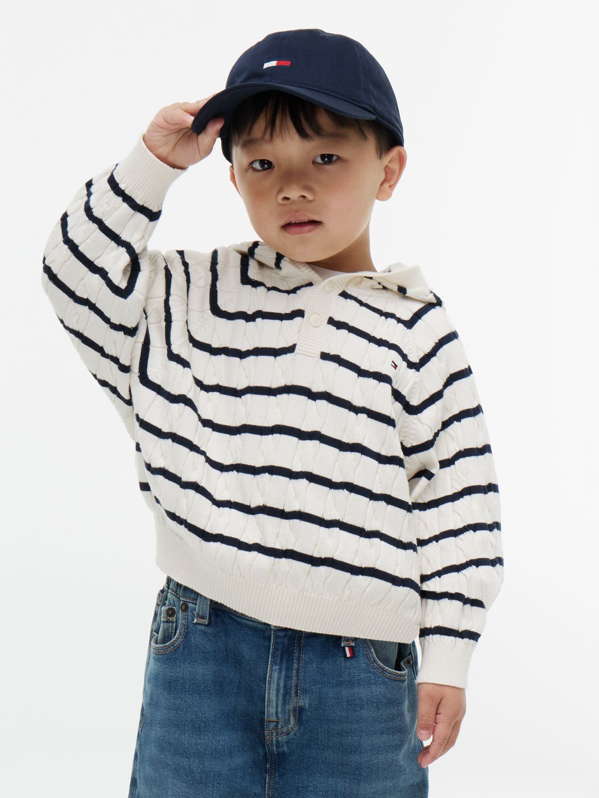 Kids' Hooded Cable Knit Sweater — Ivory Petal Stripe