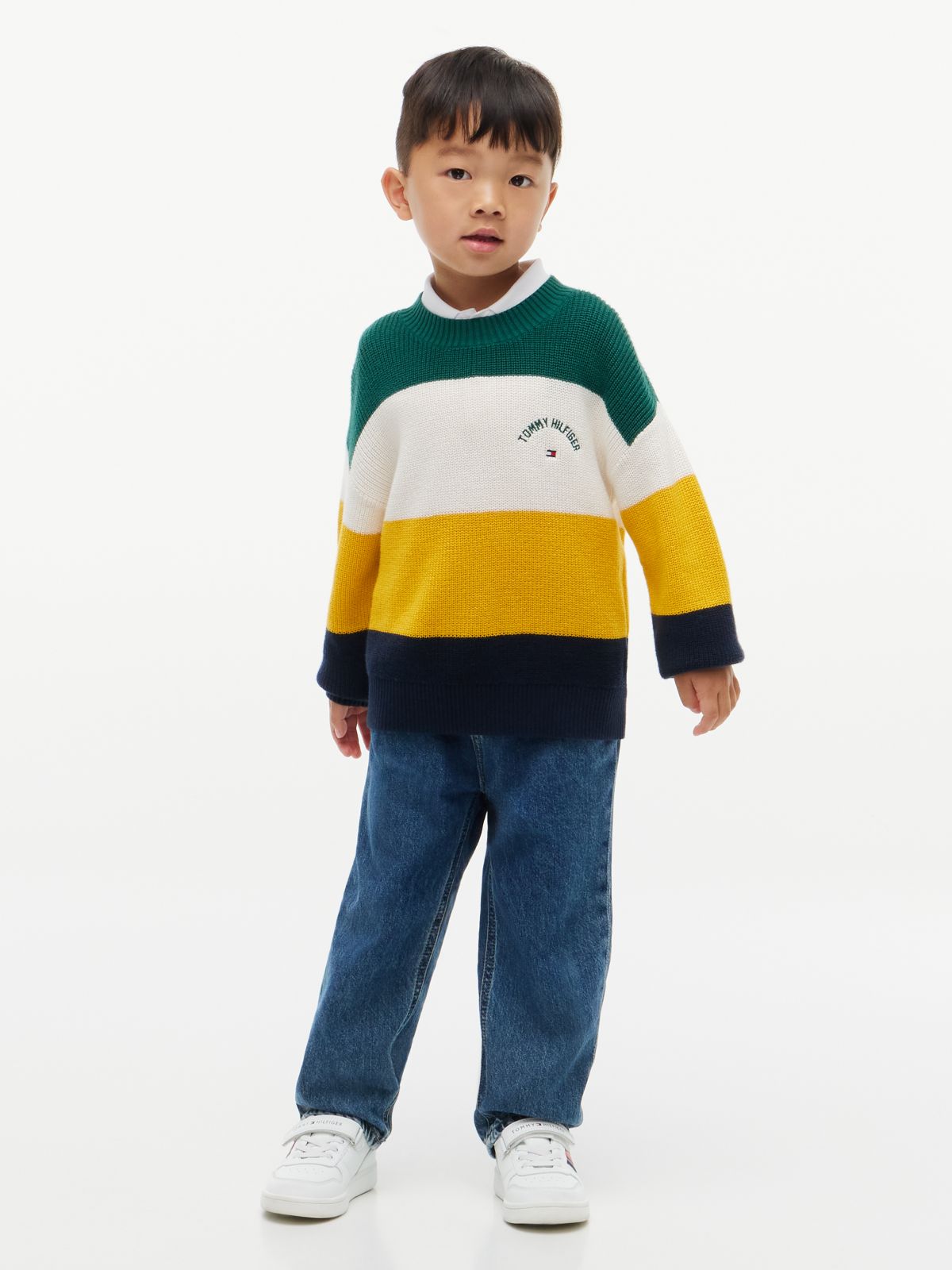 Kids' Hilfiger Logo Striped Sweater — Rural Green Colblock