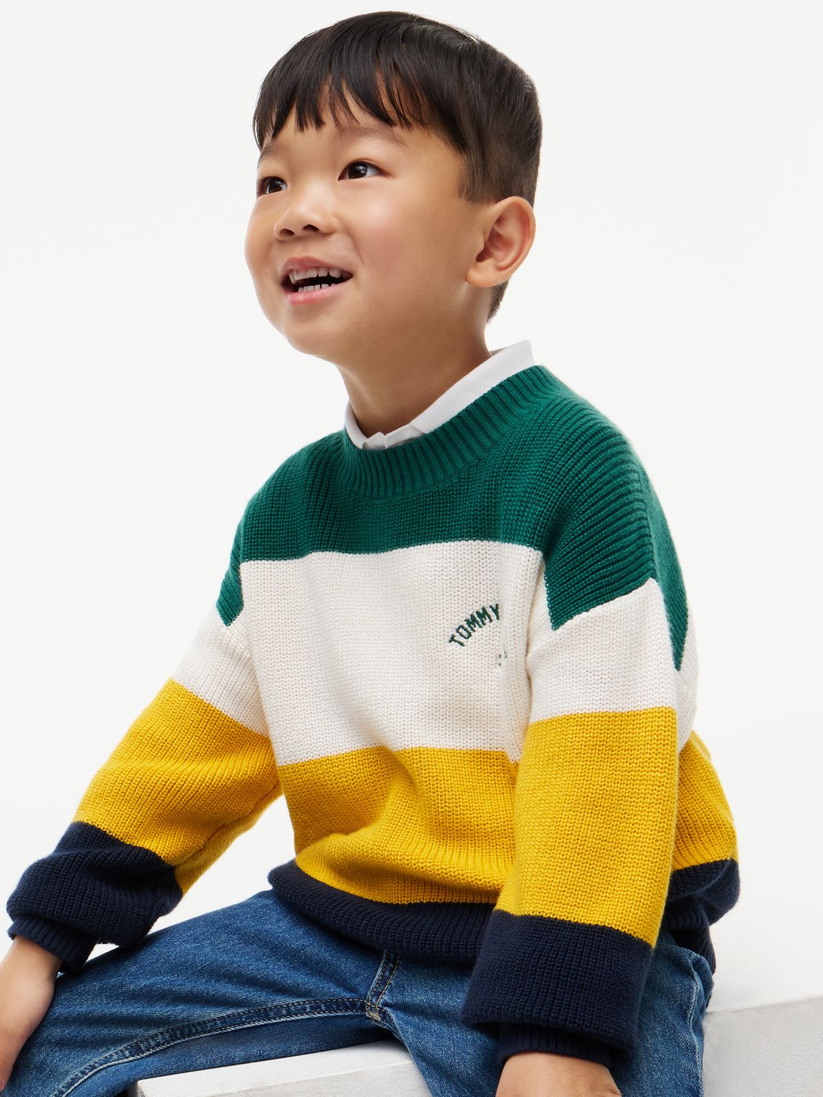 Kids' Hilfiger Logo Striped Sweater — Rural Green Colblock