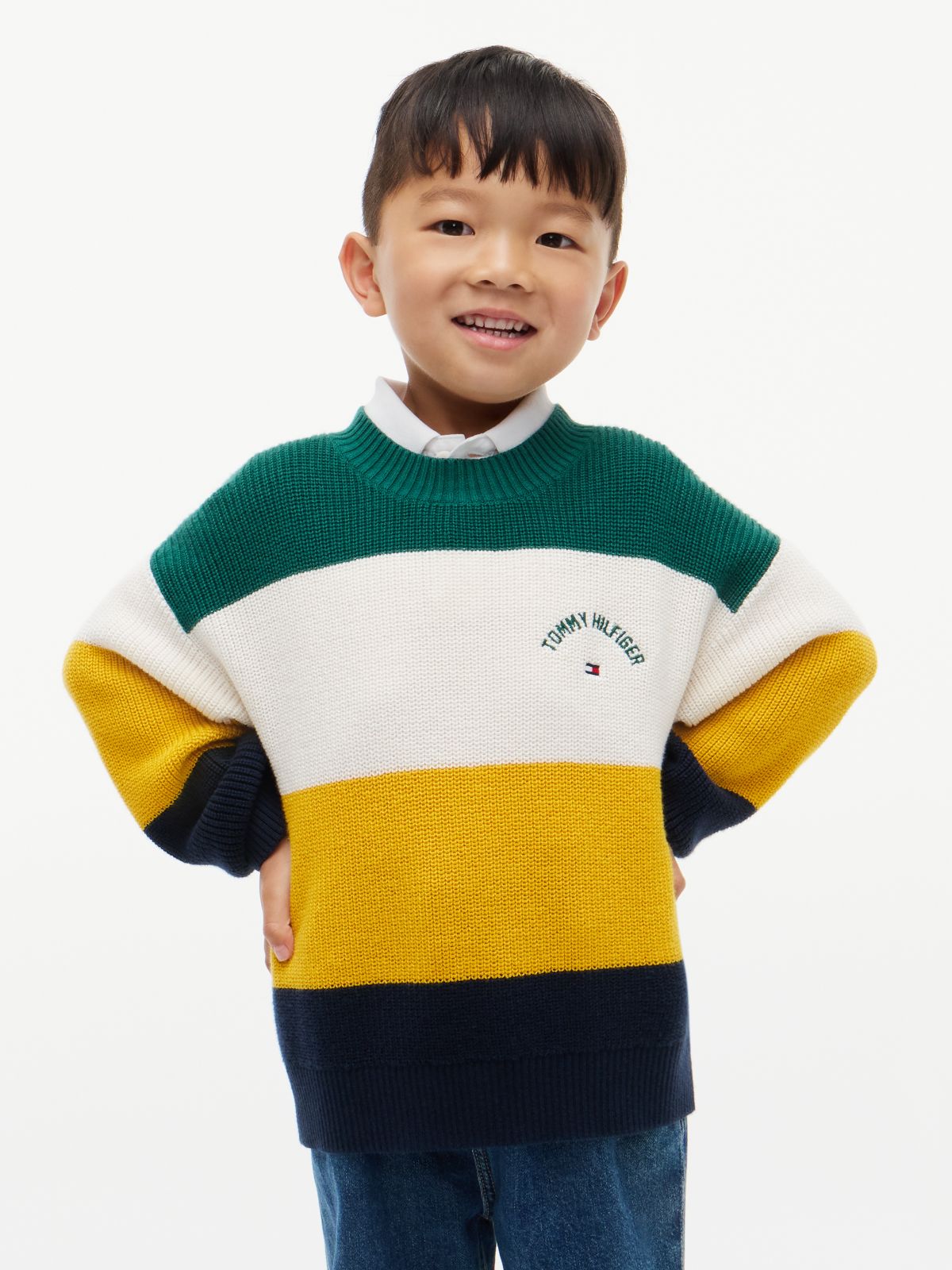 Kids' Hilfiger Logo Striped Sweater — Rural Green Colblock