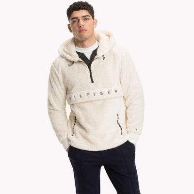 tommy hilfiger oversized teddy fleece half zip hoodie logo pocket in white