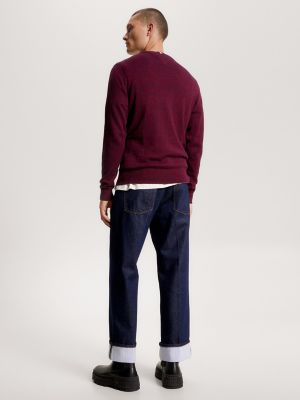Cotton Cashmere Blend Crewneck Sweater, Rouge/Navy Mouline