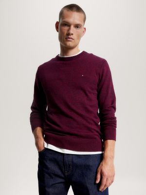 Cotton Cashmere Blend Crewneck Sweater, Rouge/Navy Mouline