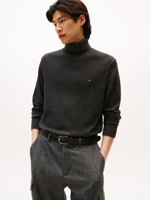 Cotton Cashmere Blend Turtleneck Sweater, Dark Grey Heather