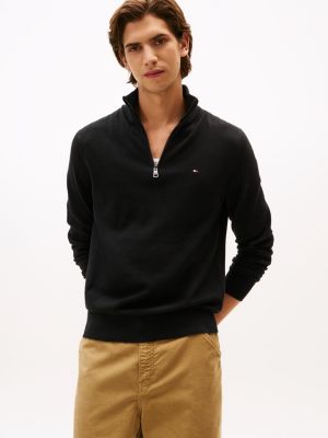Cotton Cashmere Quarter-Zip Sweater, Black
