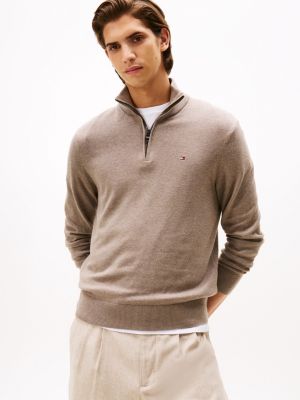 Cotton Cashmere Quarter-Zip Sweater, Coastal Taupe Heather