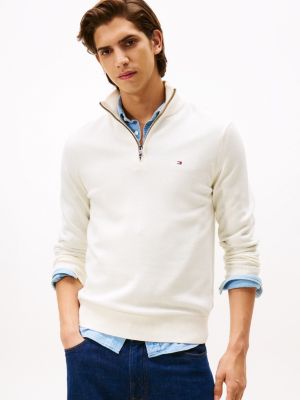 Cotton Cashmere Quarter-Zip Sweater, Ivory Petal