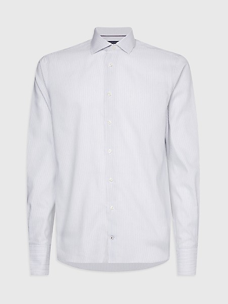 타미 힐피거 TOMMY HILFIGER Slim Fit TH Flex Collar Pinstripe Shirt,WHITE / DARK NAVY