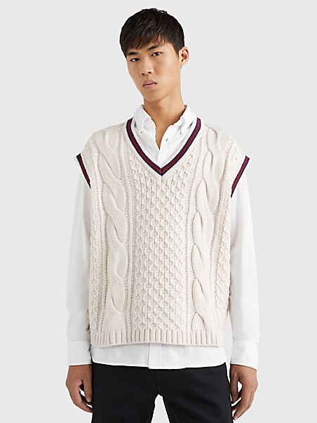 타미 힐피거 Tommy Hilfiger Cable Knit Cricket Sweater Vest,FEATHER WHITE