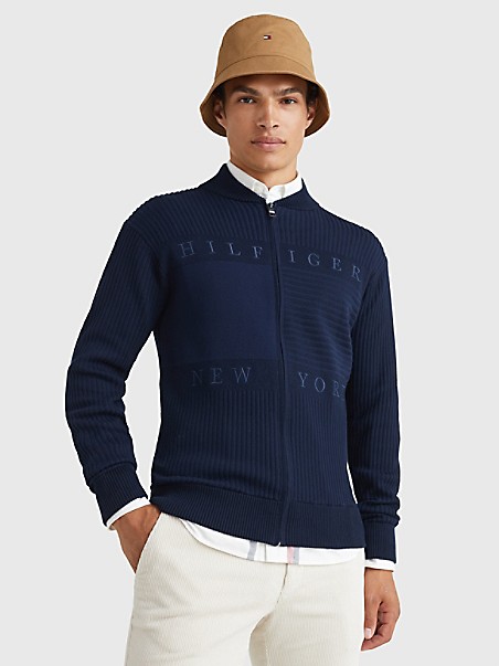 타미 힐피거 Tommy Hilfiger Textured Logo Zip Sweater,DESERT SKY
