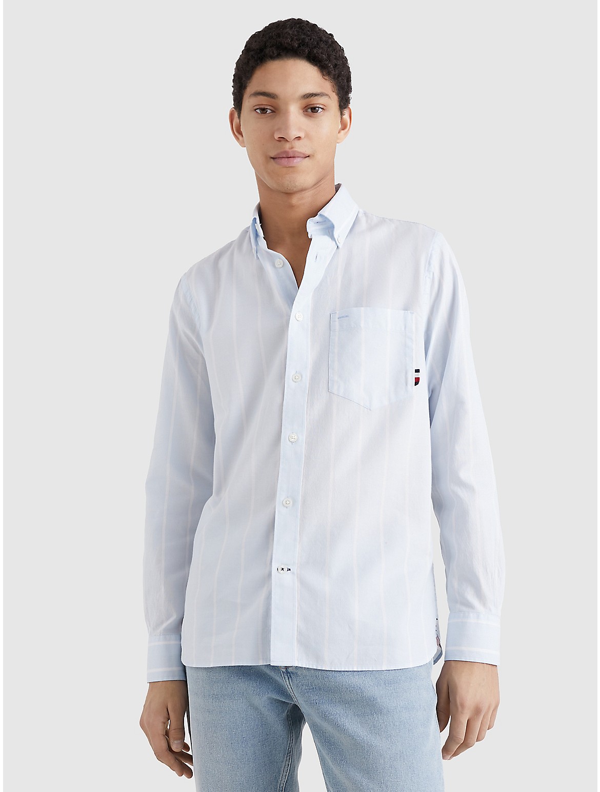 Tommy Hilfiger Regular Fit Striped Oxford Shirt In Breezy Blue / Optic White  | ModeSens