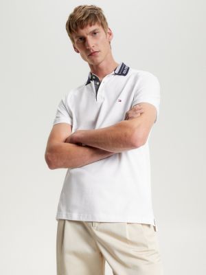 Slim Fit Logo Collar Mouline Polo, White