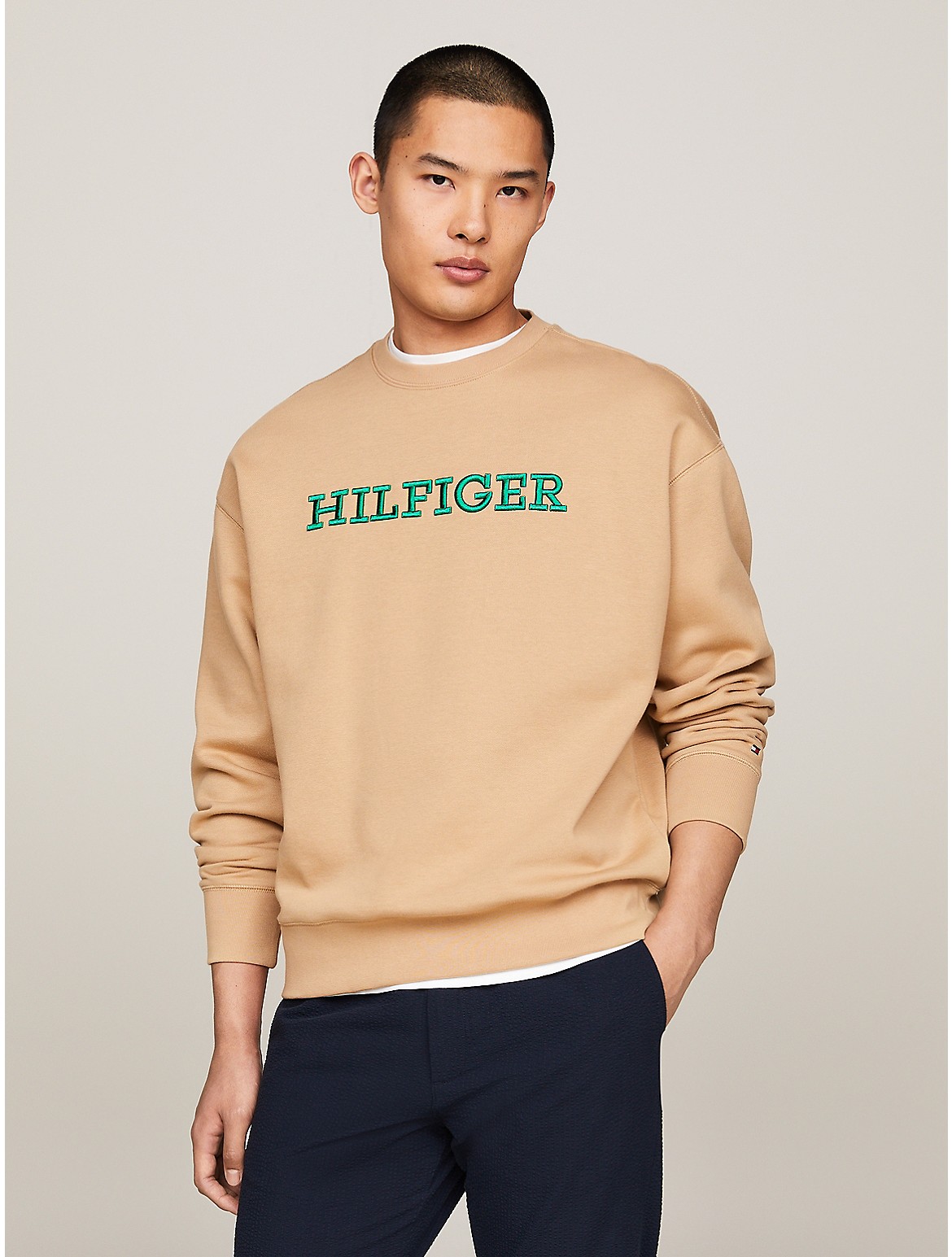 Shop Tommy Hilfiger Embroidered Monotype Cotton Sweatshirt In Classic Khaki