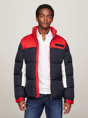 Red blue and store white puffer jacket