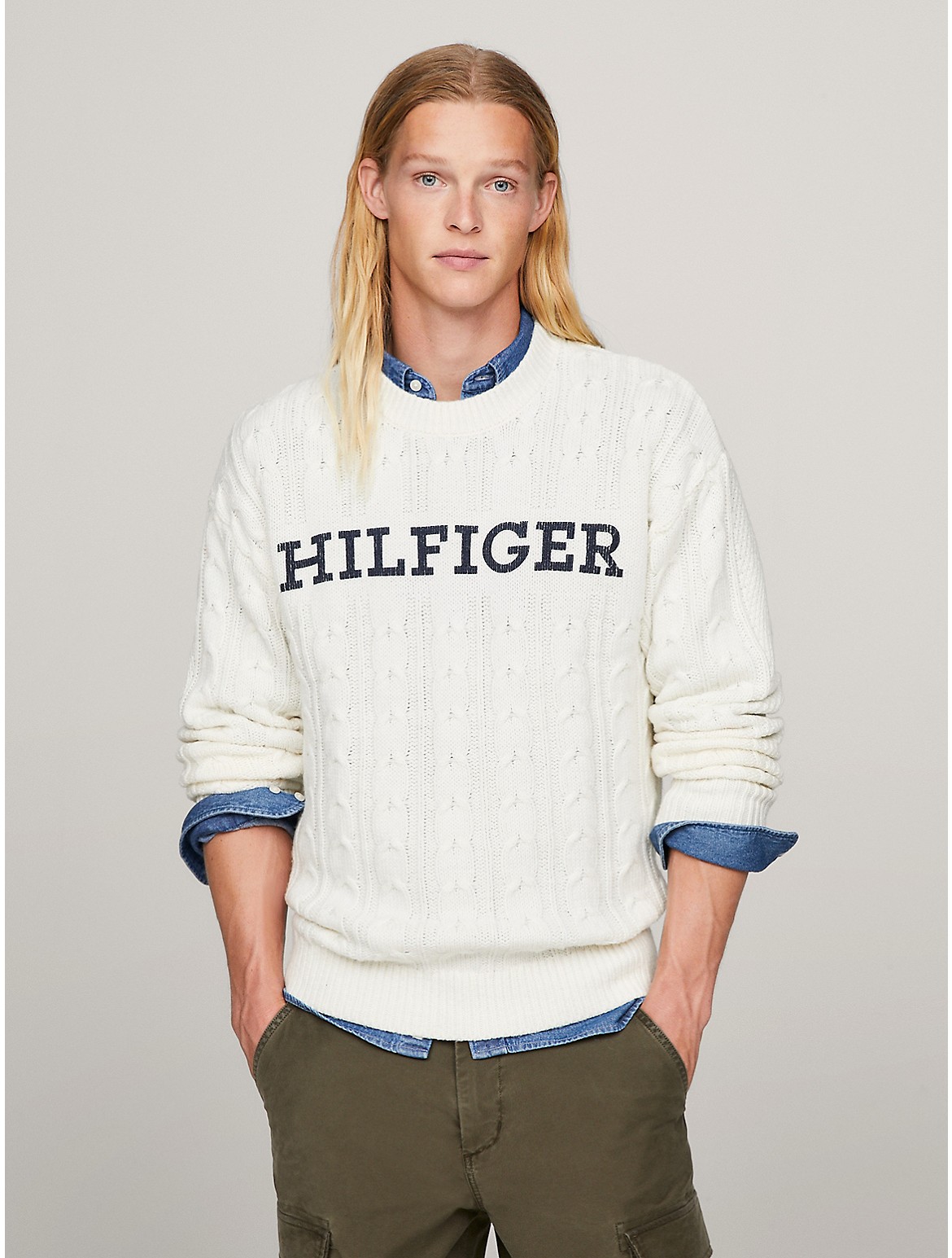 Tommy Hilfiger Men's Monotype Logo Cable Knit Sweater
