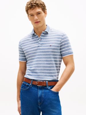 Regular Fit Linen-Blend Pique Polo, Blue/White Stripe