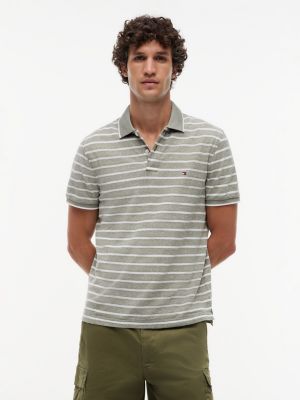 Regular Fit Linen-Blend Pique Polo, Dark Artichoke/White Stripe