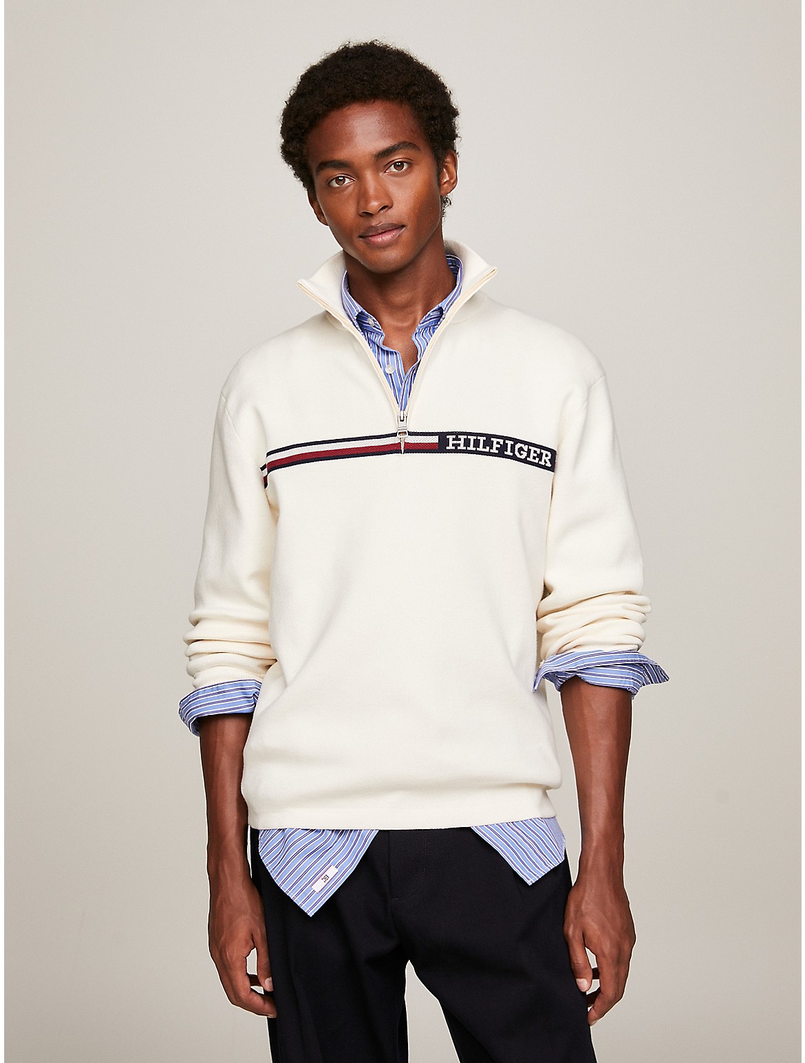 Tommy Hilfiger Men's Monotype Logo Stripe Quarter-Zip Sweater - White - XXXL