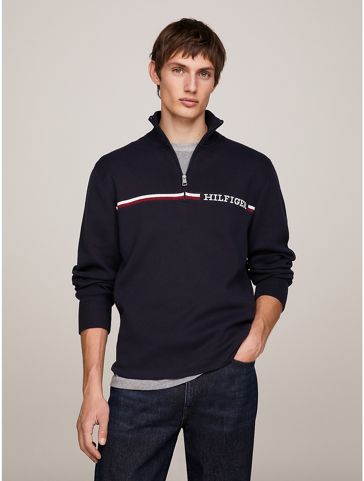Tommy Hilfiger Men's Monotype Logo Stripe Quarter-Zip Sweater