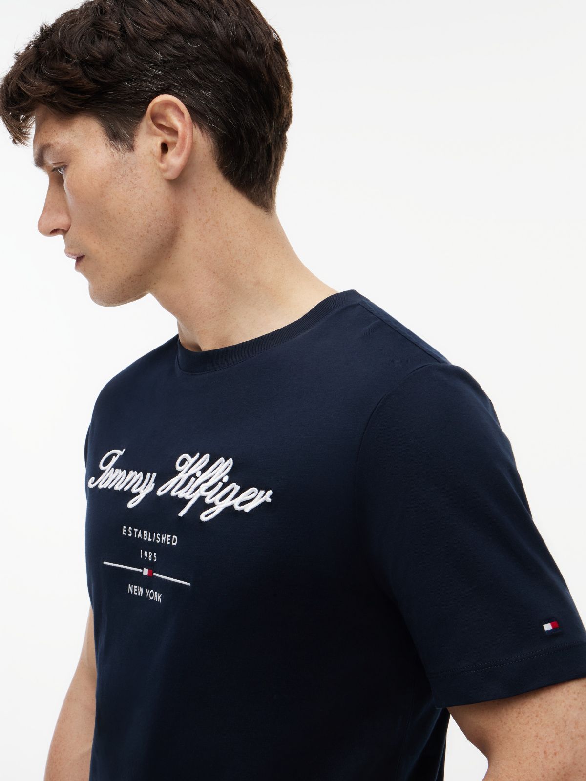 Embroidered Script Logo T-Shirt — Navy