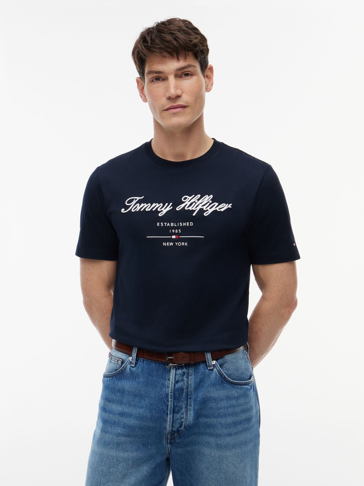 Embroidered Script Logo T-Shirt — Navy