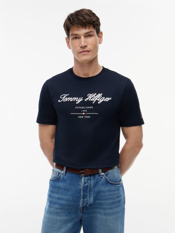 Embroidered Script Logo T-Shirt — Navy