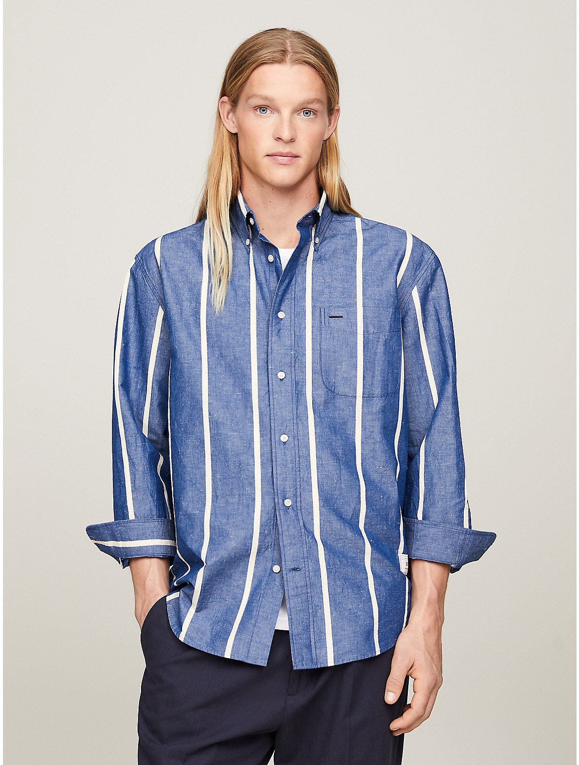 Shop Tommy Hilfiger Regular Fit Stripe Cotton Linen Shirt In Anchor Blue/calico