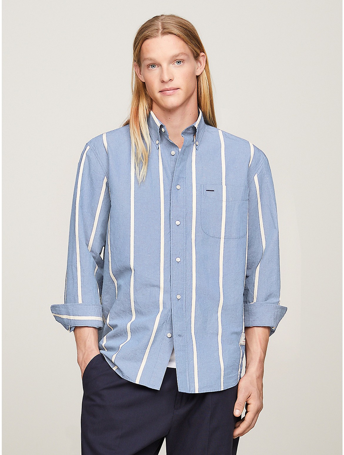 Shop Tommy Hilfiger Regular Fit Stripe Cotton Linen Shirt In Blue Spell/calico