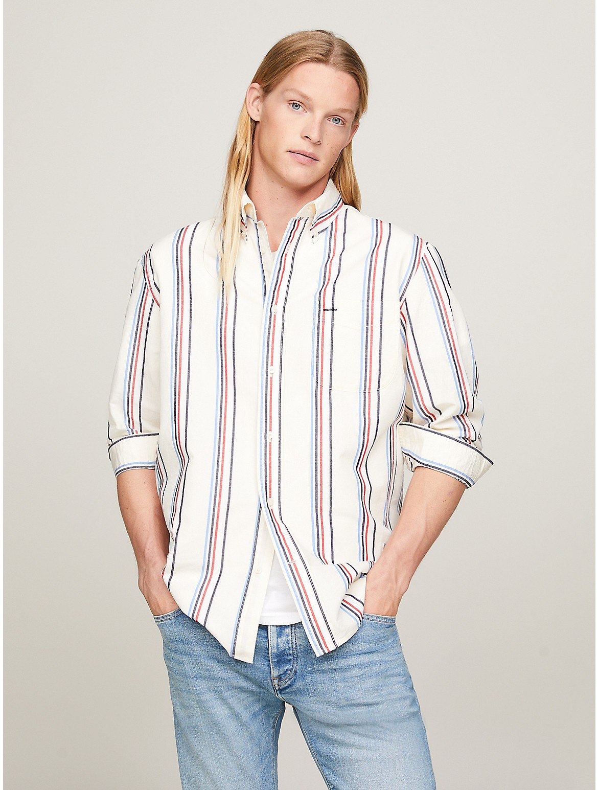 Tommy Hilfiger Men's Regular Fit Stripe Linen Blend Shirt
