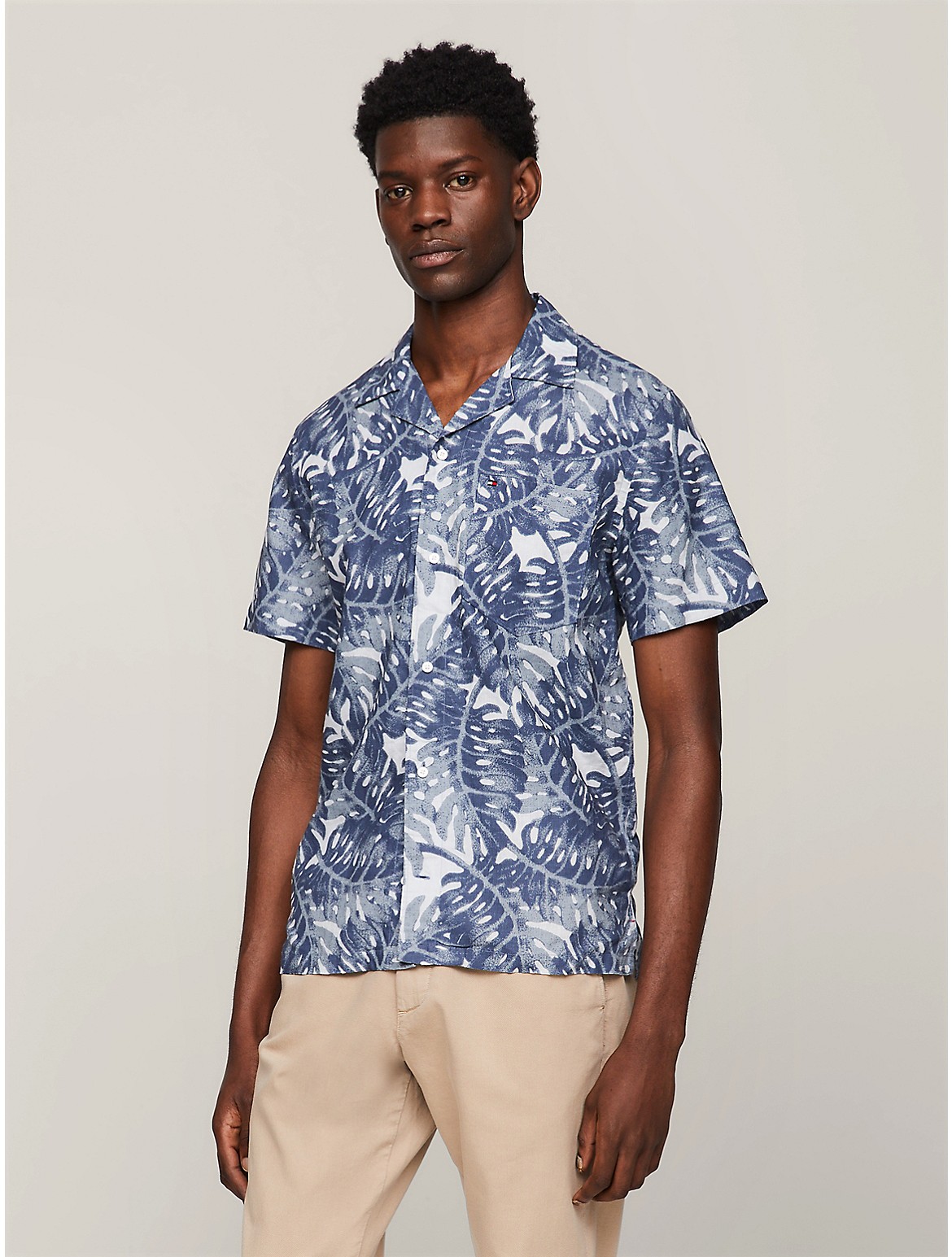 Tommy Hilfiger Regular Fit Tropical Print Linen Shirt In Navy