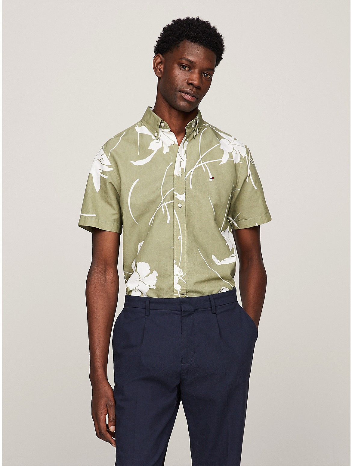 Shop Tommy Hilfiger Regular Fit Floral Print Shirt In Faded Olive/optic White