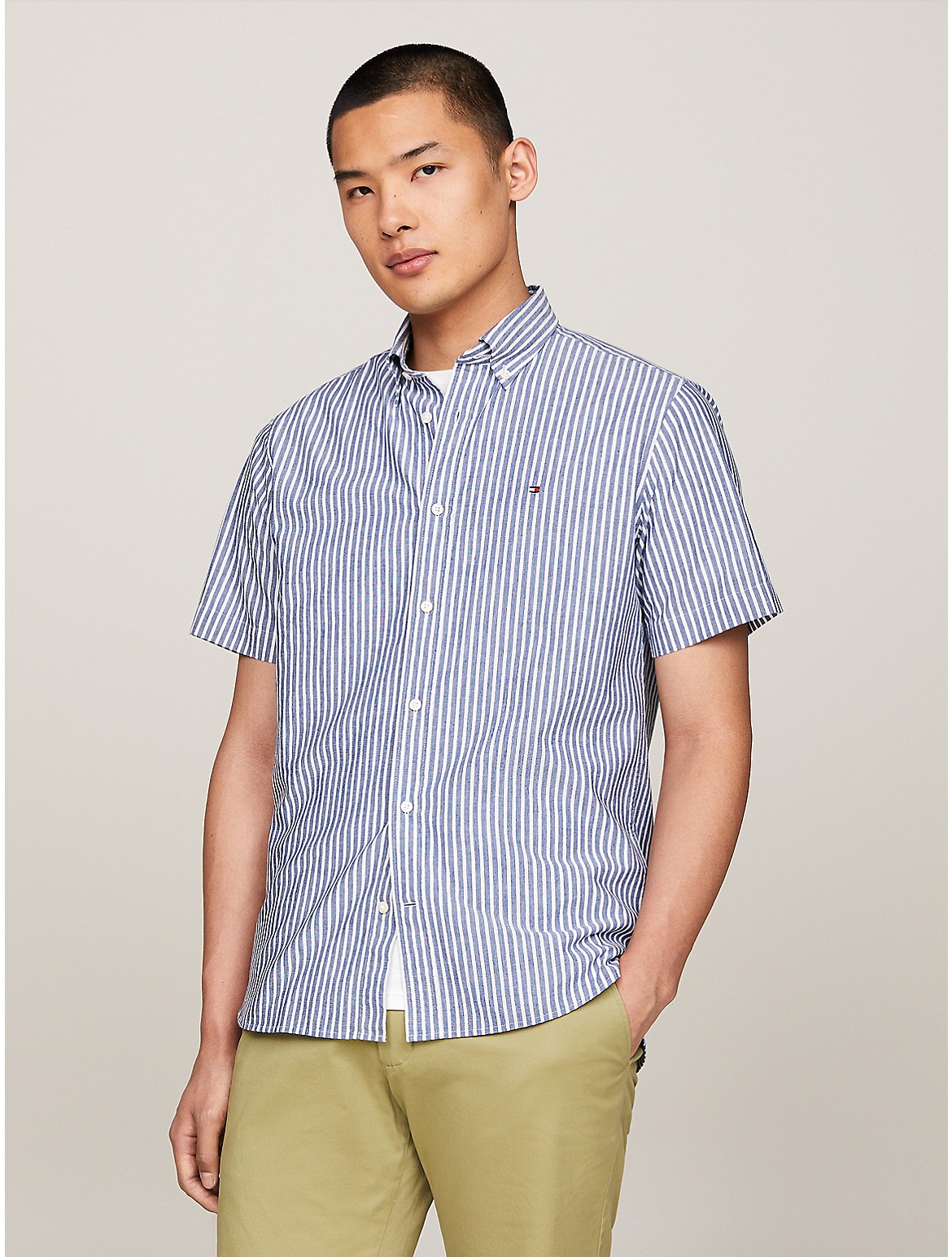 Shop Tommy Hilfiger Regular Fit Cotton Linen Shirt In Anchor Blue / Optic White
