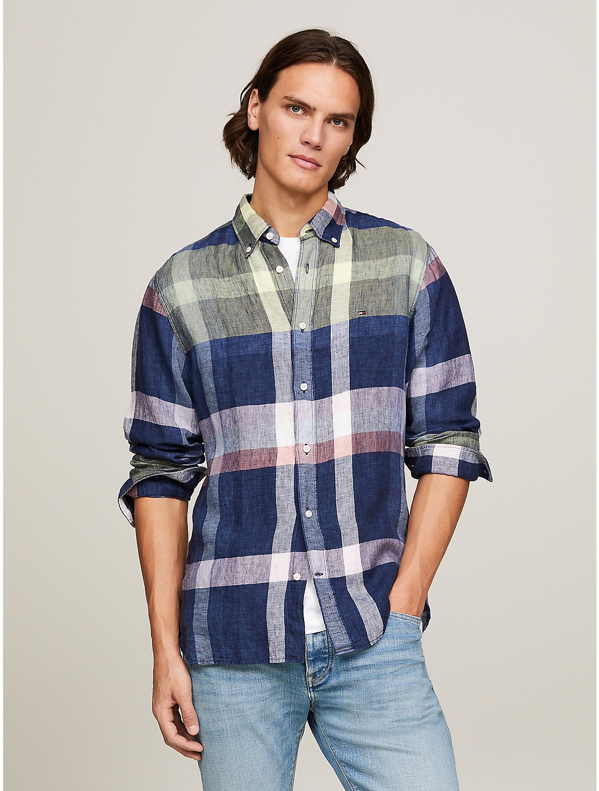 Shop Tommy Hilfiger Regular Fit Multicheck Linen Shirt In Carbon Navy/multi