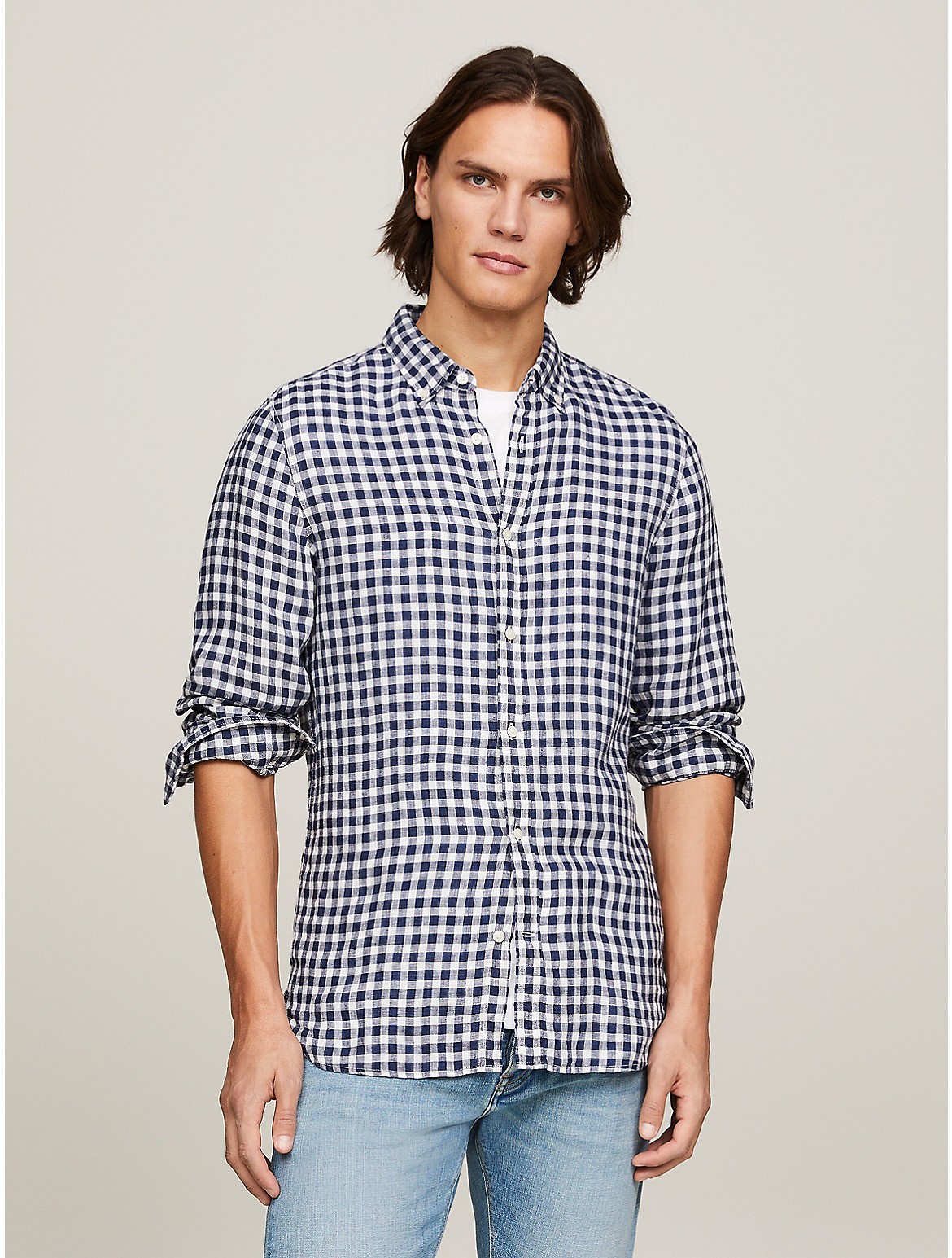 Tommy Hilfiger Slim Fit Linen Gingham Shirt In Carbon Navy/calico