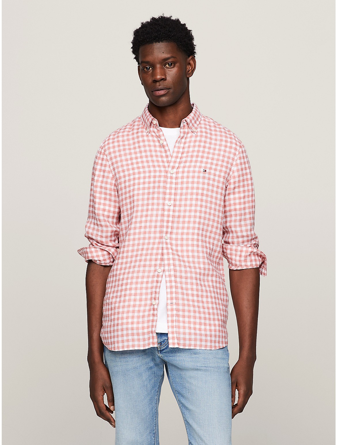 Shop Tommy Hilfiger Slim Fit Linen Gingham Shirt In Teaberry Blossom/optic White