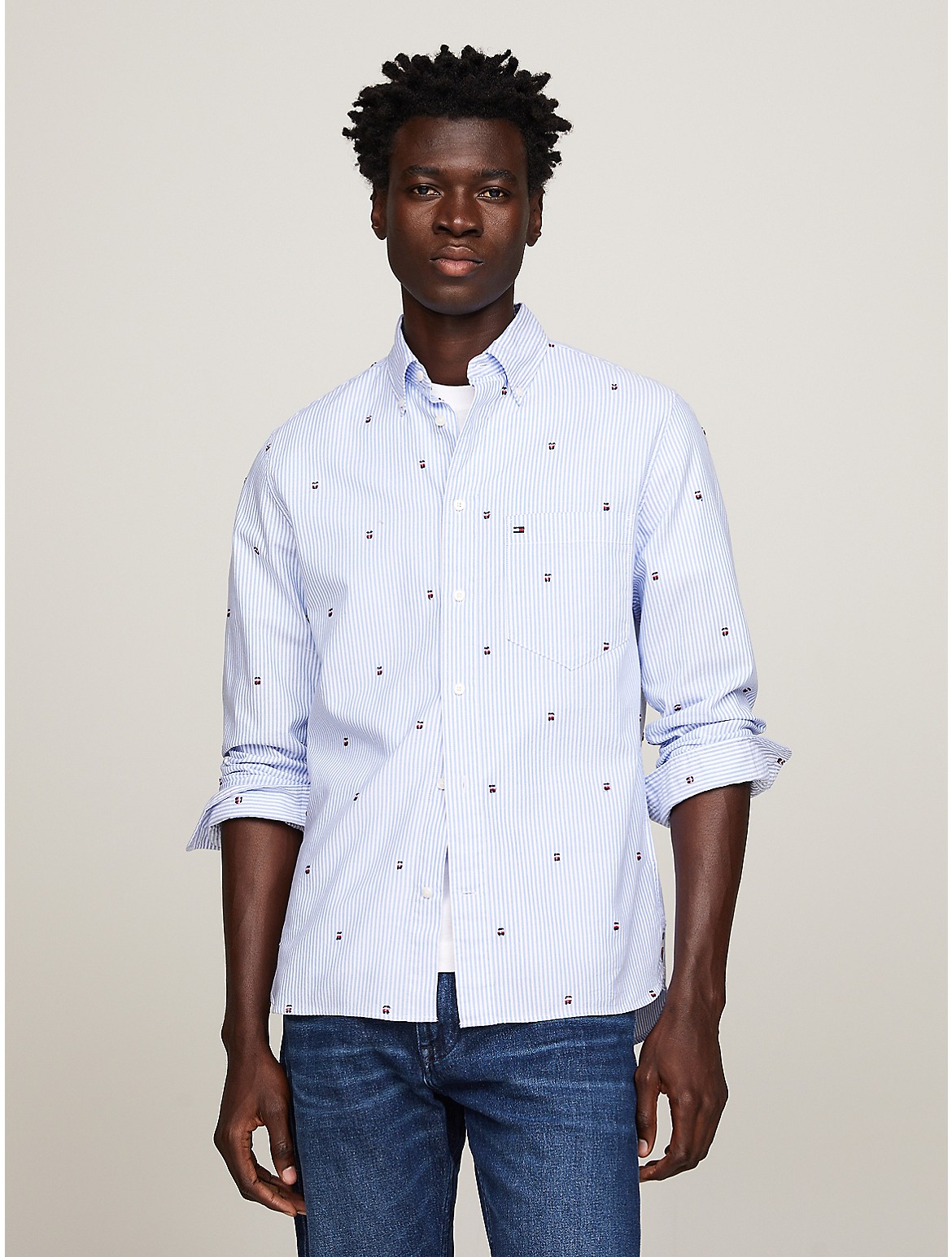 Shop Tommy Hilfiger Regular Fit Fil Coupe Stripe Shirt In Blue Spell / Optic White / Multi