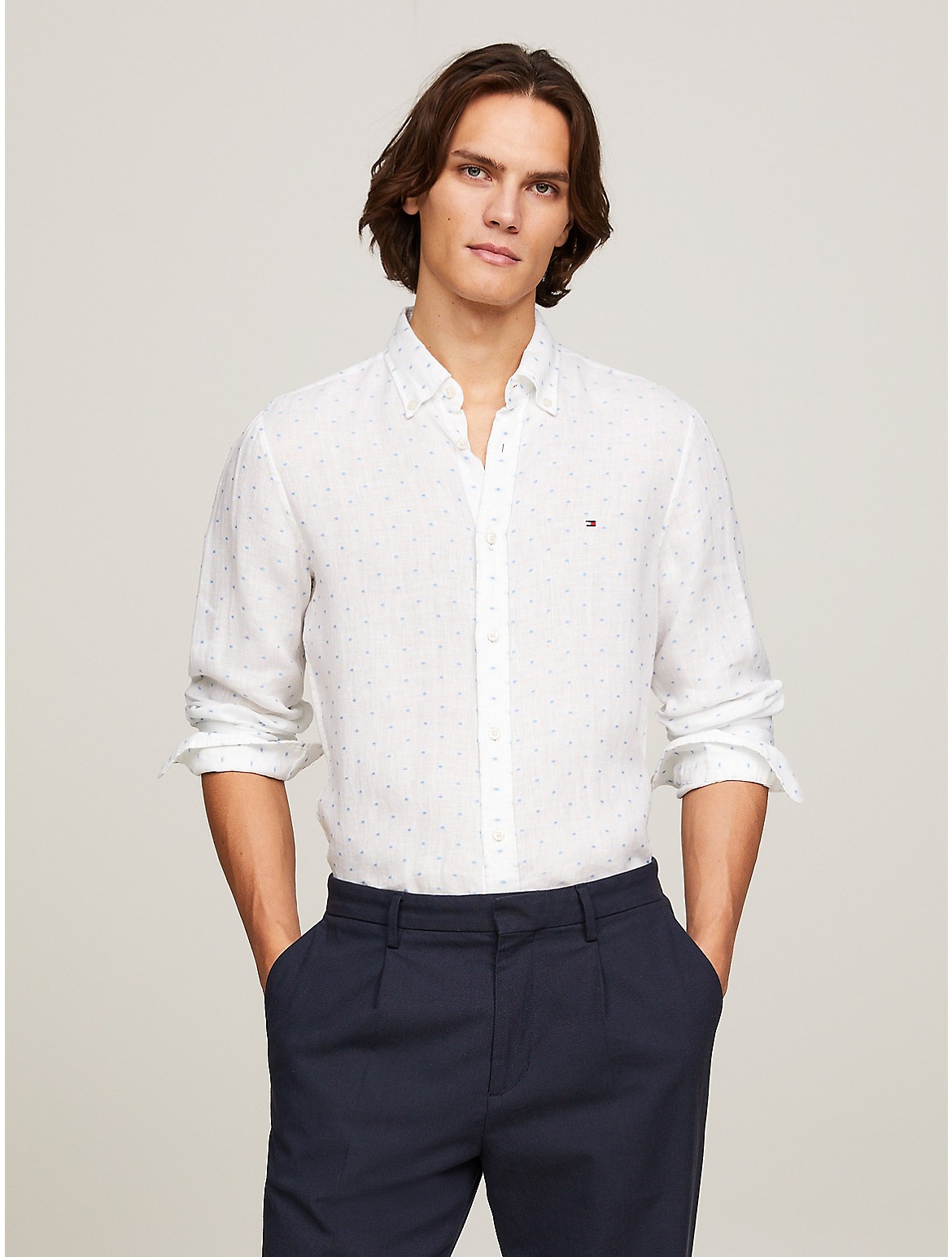 Shop Tommy Hilfiger Slim Fit Fil Coupe Print Shirt In Optic White / Cloudy Blue