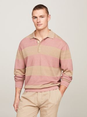Relaxed Fit Linen-Blend Rugby Polo, Terra Pink/Beige
