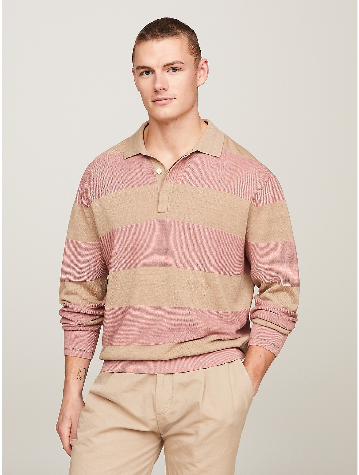 Tommy Hilfiger Men's Relaxed Fit Linen-Blend Rugby Polo