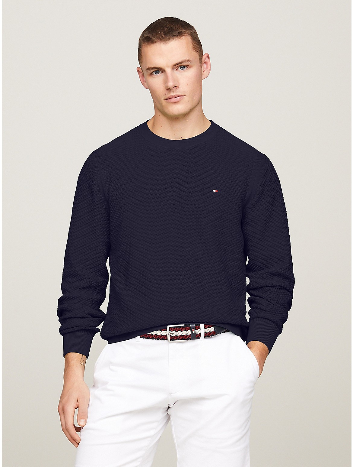 Shop Tommy Hilfiger Textured Knit Crewneck Sweater In Navy