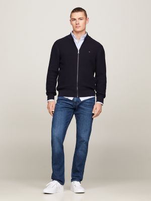Textured Knit Zip Sweater, Navy