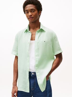 Regular Fit Pigment-Dyed Linen Shirt, Opal Green