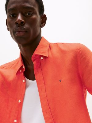 Regular Fit Pigment-Dyed Linen Shirt, Brilliant Orange