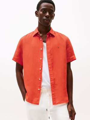 Regular Fit Pigment-Dyed Linen Shirt, Brilliant Orange
