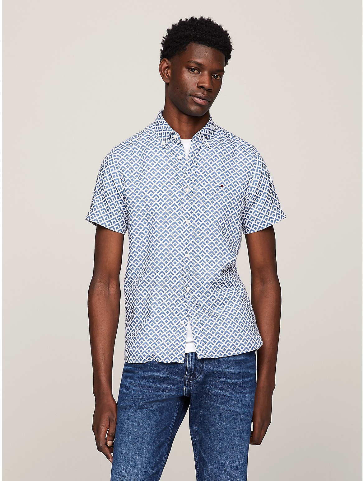Shop Tommy Hilfiger Slim Fit Geometric Print Shirt In Blue Coast / Optic White