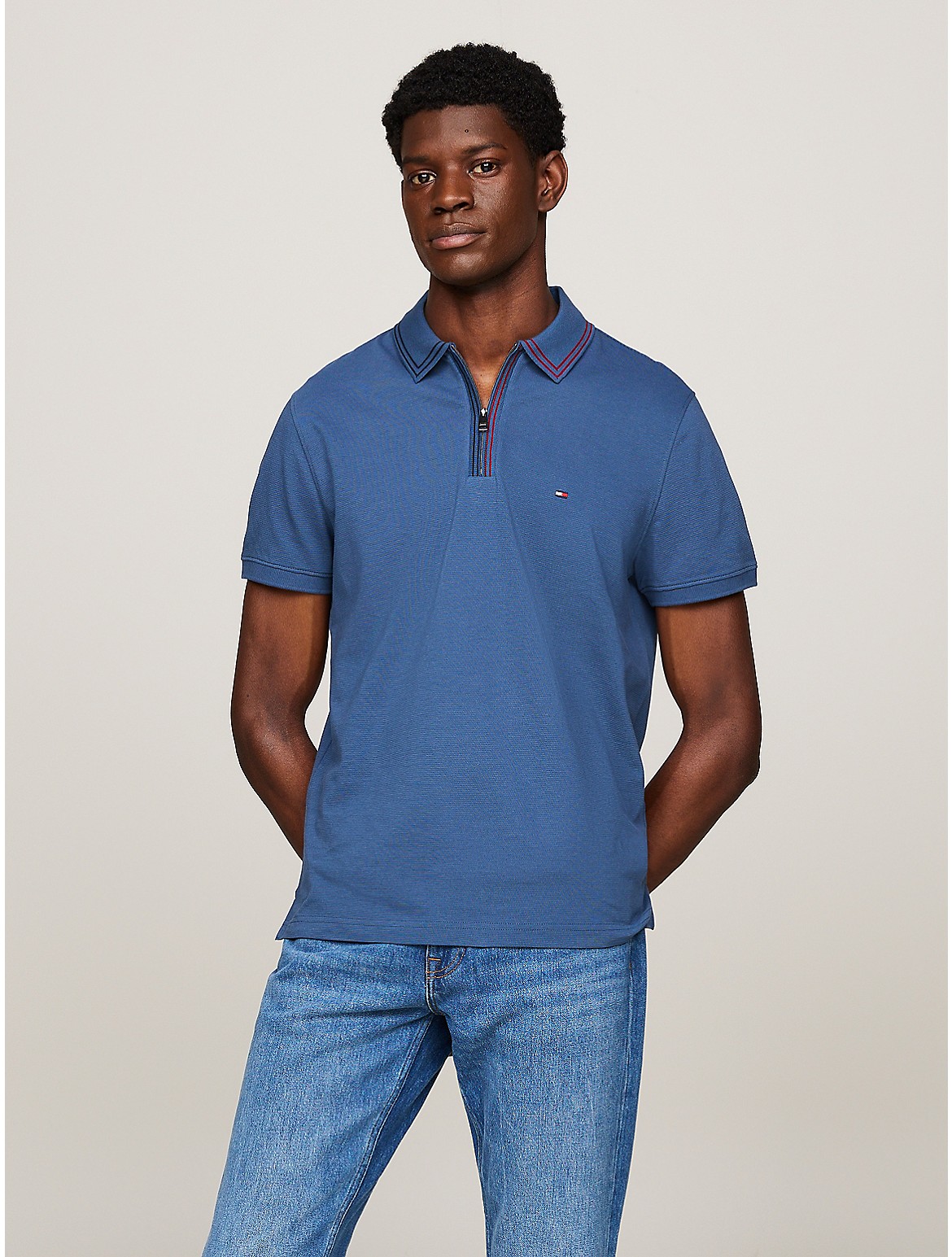 Shop Tommy Hilfiger Regular Fit Tipped Zip Polo In Aegean Sea